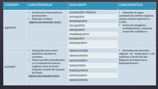 SUBGRUPO CARACTERISITCAS GRAN GRUPO CARACTERISITCAS
AQUENTS
• Condiciones hidrométricas
permanentes
• Subsuelo arcilloso
régimen de humedad: acuico
FLUVAQUENT TRÓPICO • Saturados de agua,
contenido de carbono orgánico
alcanza niveles superiores a
0.50%
• Suelos de manglares,
probablemente contienen
materiales sulfídricos
SULFAQUETS
HYDRAQUENTS
GELAQUENTS
CRYAQUENTS
PSAMMAQUENTS
EPIAQUENTS
ENDOAQUENTS
FLUVENT
• Topografía plana sobre
depósitos aluviónicos
recientes,
• Tienen perfiles estratificados,
y el contenido de materia
orgánica varía en forma
irregular a través del espesor
del suelo.
régimen de humedad ústico
TROPOFLUVENT • Normalmente húmedos,
régimen de temperatura casi
uniforme a través del año
Régimen de temperatura:
hisohipertermico
CRYOFLUVENTS
GELYFLUVENTS
UDIFLUVENTS
TORIIFLUVENTS
USTIFLUVENTS
XEROFLUVENTS
 