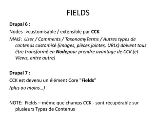 FIELDS Drupal 6 : Nodes -> customisable / extensible par CCK MAIS:  User / Comments / TaxonomyTerms / Autres types de contenus customisé (images, pièces jointes, URLs) doivent tous être transformé en Nodepour prendre avantage de CCK (et Views, entre autre) Drupal 7 : CCK est devenu un élément Core "Fields” (plus ou moins…) NOTE:  Fields – même que champs CCK - sont récupérable sur plusieurs Types de Contenus 