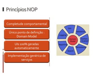 Princípios NOP

Completude comportamental

 Único ponto de definição :
      Domain Model

     UIs 100% geradas
     automaticamente

Implementação genérica de
        serviços
 