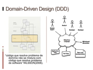 Domain-Driven Design (DDD)




“código que resolve problema de
   domínio não se mistura com
   código que resolve problema
   de software” NILSSON(2006).
 