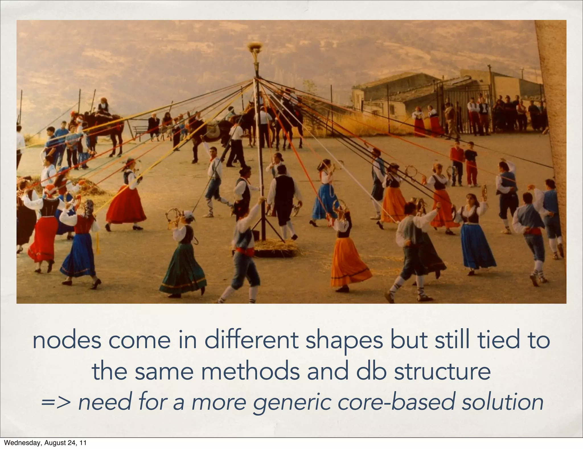 nodes come in different shapes but still tied to the same methods and db structure => need for a more generic core-based solution Wednesday, August 24, 11 