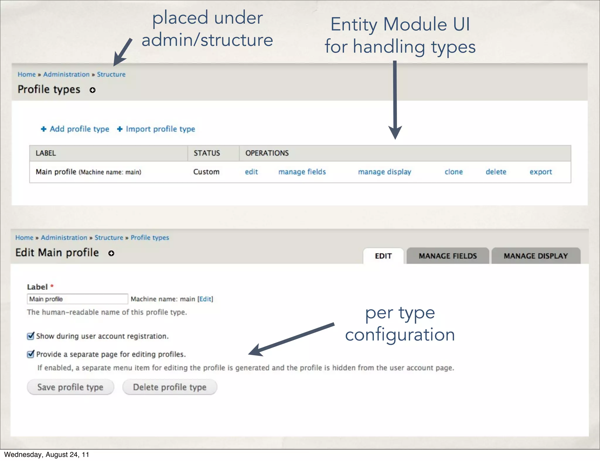 placed under Entity Module UI admin/structure for handling types per type con guration Wednesday, August 24, 11 