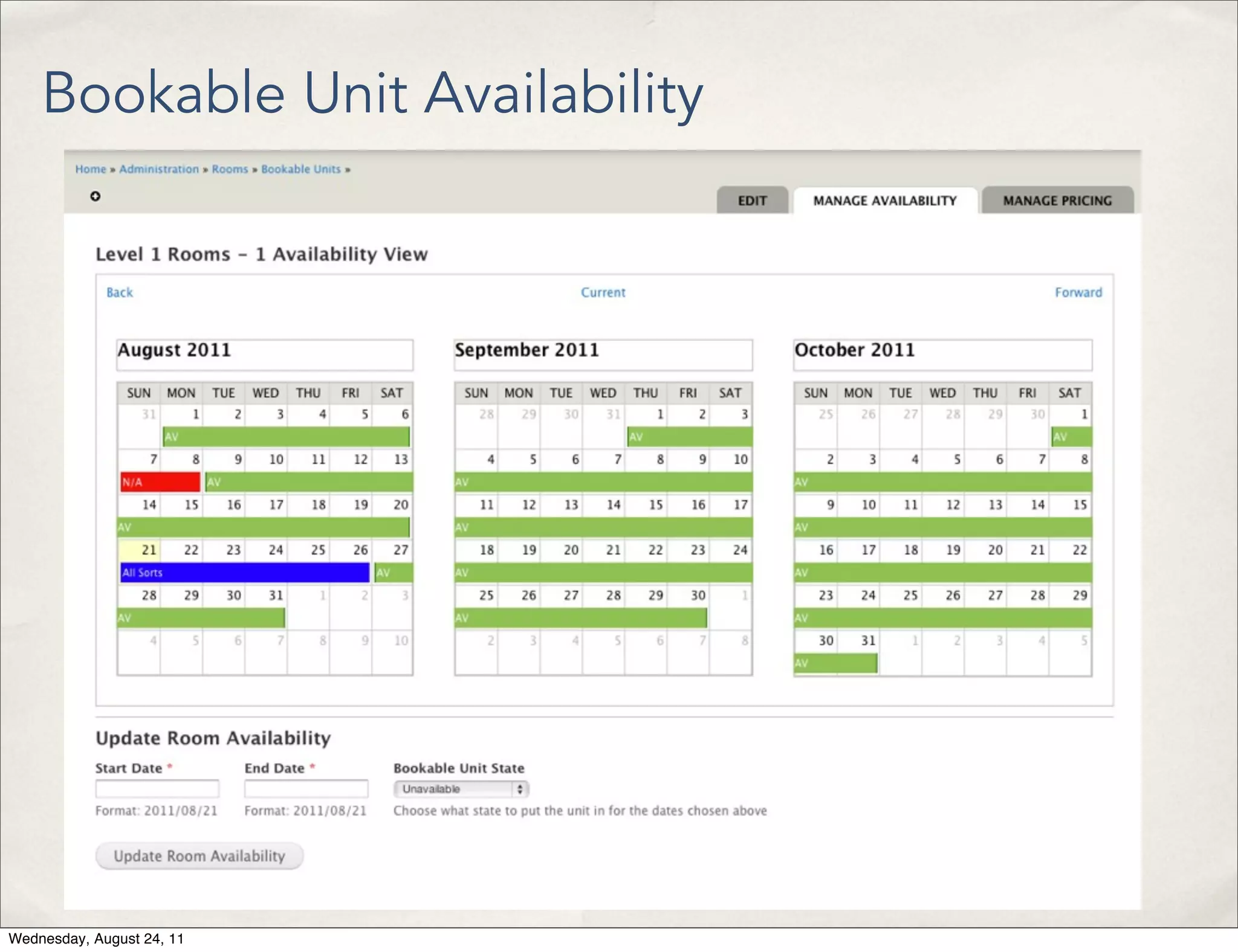 Bookable Unit Availability Wednesday, August 24, 11 