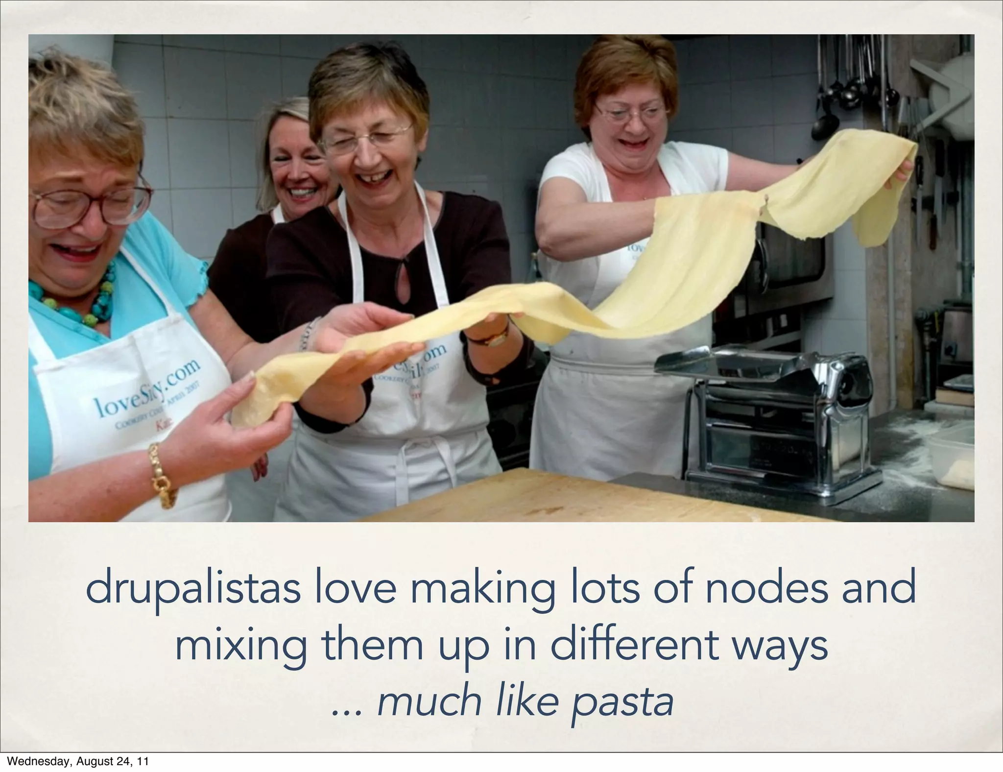 drupalistas love making lots of nodes and mixing them up in different ways ... much like pasta Wednesday, August 24, 11 