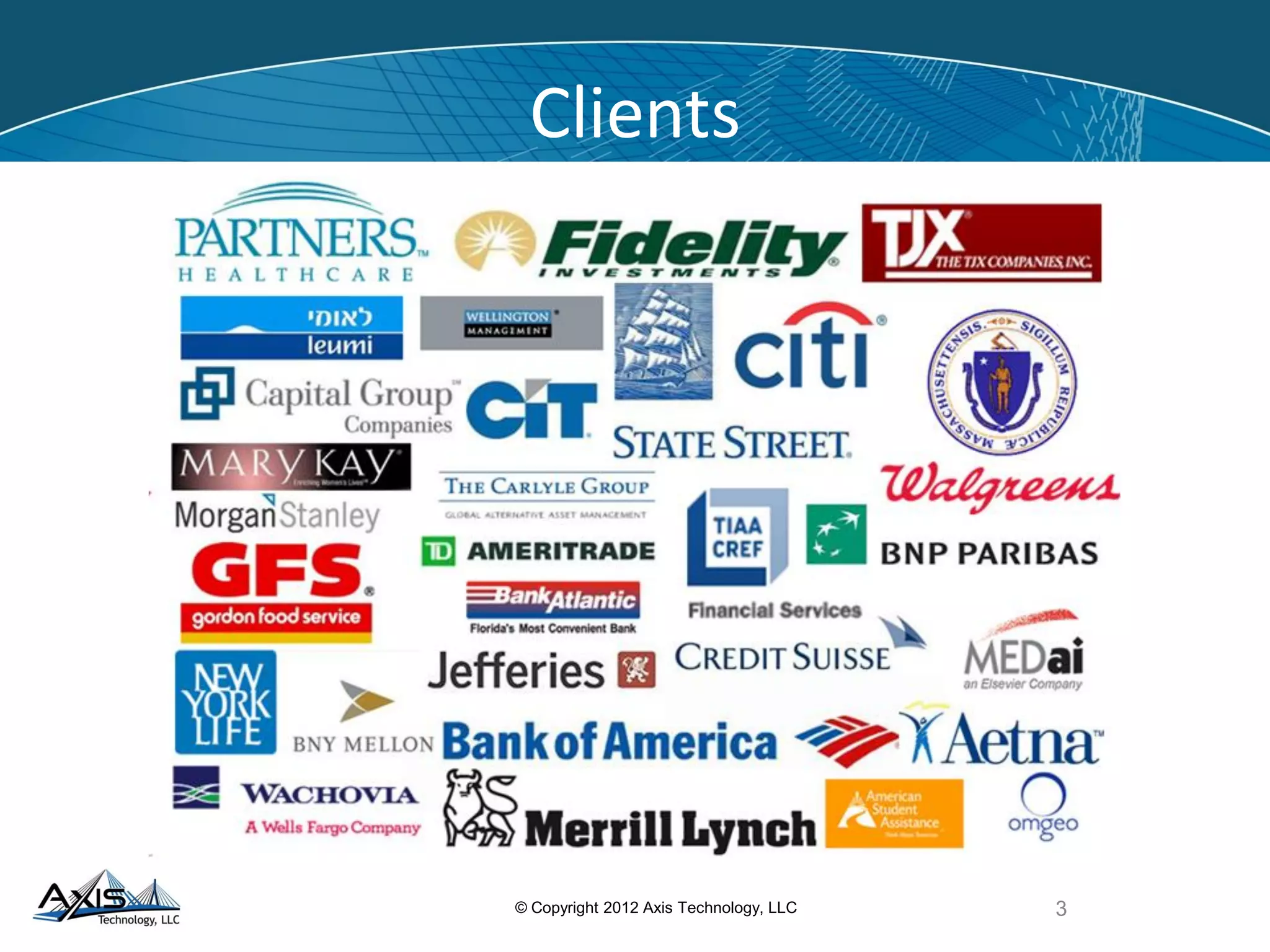 Regulators
Signific
Regulatory
Requirements for improved
Entitlement Management
Change
capabilities are increasing
to challenges with legacy
due
processes and
regulation
changed and Auditors are focusing on legacy
controls and processes put in place in response
to SOX and GLBA that are under renewed
scrutiny due to regulatory focus
ant operational and reputational risk
exposure with entitlements that do not
conform to security policies, regulations,
and/or best practices.
Typical entitlement systems do not provide
business friendly information for required
management reviews of user access.
3© Copyright 2012 Axis Technology, LLC
 