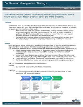 Entitlement Management Strategy
A DATA STRATEGY White Paper By the AXIS DATA STRATEGY Team
…a phased, iterative approach that prioritizes business needs
www.axistechnologyllc.com Boston | Dallas | Charlotte | New York
Streamline your entitlement provisioning and review processes to ensure
your business runs faster, smarter, safer, and more efficiently.
Entitlements allow a user either direct access to data in a database, or indirect access through an
application. Either way, they are often described in low-level technical terms instead of in business
language, and not inventoried. As a result:
 New employees’ rights are typically modeled after existing ones because the person
granting access does not know the minimum nor the limits of what is needed for a
particular job. This leads to audit issues concerning over-entitlement and a lack of
standard processes for assigning and managing access.
 Managers must regularly review entitlements at a micro-level, which can take days.
Many typically sign-off without completely understanding what they’ve reviewed.
Challenge
Solution
Name and assign sets of entitlements based on employees’ roles. In addition, enable Managers to
request and review these sets of entitlements through a business-friendly, online system.
Axis works with members of your information security administration and business communities to:
 Create a customized Process Guide, or “cookbook”, based on Entitlements analysis,
which details the steps and tasks required for creating and maintaining sets of
entitlements.
 Utilize the Process Guide to plan and lead the implementation of sets of entitlements
across the enterprise, typically addressing the most audit-sensitive business areas first.
 Design a product integration roadmap for enterprise-wide role-based access control.
 Architect and build online review and provisioning systems to manage access rights.
The Axis Entitlements Management Solution consists of:
Process
 Our approach is repeatable, teachable and scalable.
Expertise
 Our pioneering teams consist of seasoned business analysts and experts in both
mainframe and distributed systems.
 