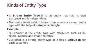 Kinds of Entity Type
• 1. Strong Entity Type: It is an entity that has its own
existence and is independent.
• The entity relationship diagram represents a strong entity
type with the help of a single rectangle.
Example:
• "Customer" is the entity type with attributes such as ID,
Name, Gender, and Phone Number.
• Customer is a strong entity type as it has a unique ID for
each customer.
 