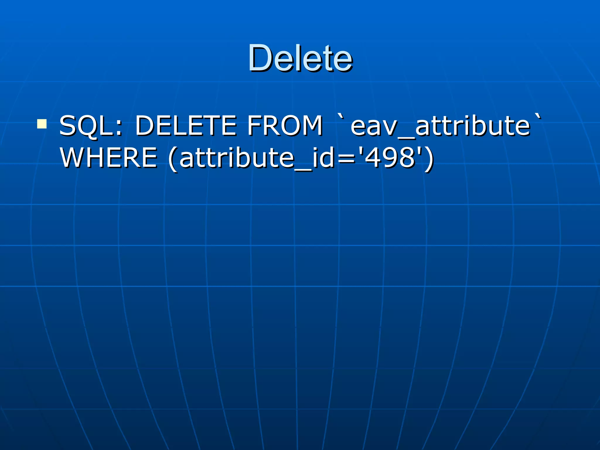 Delete SQL: DELETE FROM `eav_attribute` WHERE (attribute_id='498') 