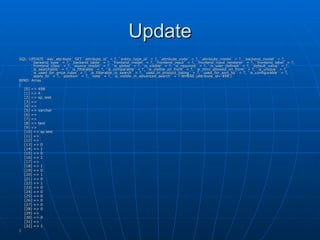 Update SQL: UPDATE `eav_attribute` SET `attribute_id` = ?, `entity_type_id` = ?, `attribute_code` = ?, `attribute_model` = ?, `backend_model` = ?, `backend_type` = ?, `backend_table` = ?, `frontend_model` = ?, `frontend_input` = ?, `frontend_input_renderer` = ?, `frontend_label` = ?, `frontend_class` = ?, `source_model` = ?, `is_global` = ?, `is_visible` = ?, `is_required` = ?, `is_user_defined` = ?, `default_value` = ?, `is_searchable` = ?, `is_filterable` = ?, `is_comparable` = ?, `is_visible_on_front` = ?, `is_html_allowed_on_front` = ?, `is_unique` = ?, `is_used_for_price_rules` = ?, `is_filterable_in_search` = ?, `used_in_product_listing` = ?, `used_for_sort_by` = ?, `is_configurable` = ?, `apply_to` = ?, `position` = ?, `note` = ?, `is_visible_in_advanced_search` = ? WHERE (attribute_id='498') BIND: Array ( [0] => 498 [1] => 4 [2] => sp_test [3] =>  [4] =>  [5] => varchar [6] =>  [7] =>  [8] => text [9] =>  [10] => sp test [11] =>  [12] =>  [13] => 0 [14] => 1 [15] => 0 [16] => 1 [17] =>  [18] => 1 [19] => 0 [20] => 1 [21] => 0 [22] => 1 [23] => 0 [24] => 0 [25] => 0 [26] => 0 [27] => 0 [28] => 0 [29] =>  [30] => 0 [31] =>  [32] => 1 ) 