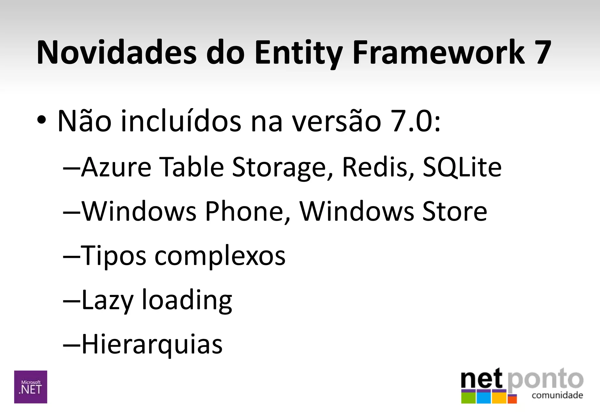 Novidades do Entity Framework 7
• Não incluídos na versão 7.0:
–Azure Table Storage, Redis, SQLite
–Windows Phone, Windows Store
–Tipos complexos
–Lazy loading
–Hierarquias
 