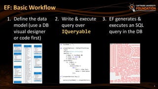 8
EF: Basic Workflow
2. Write & execute
query over
IQueryable
3. EF generates &
executes an SQL
query in the DB
1. Define the data
model (use a DB
visual designer
or code first)
 