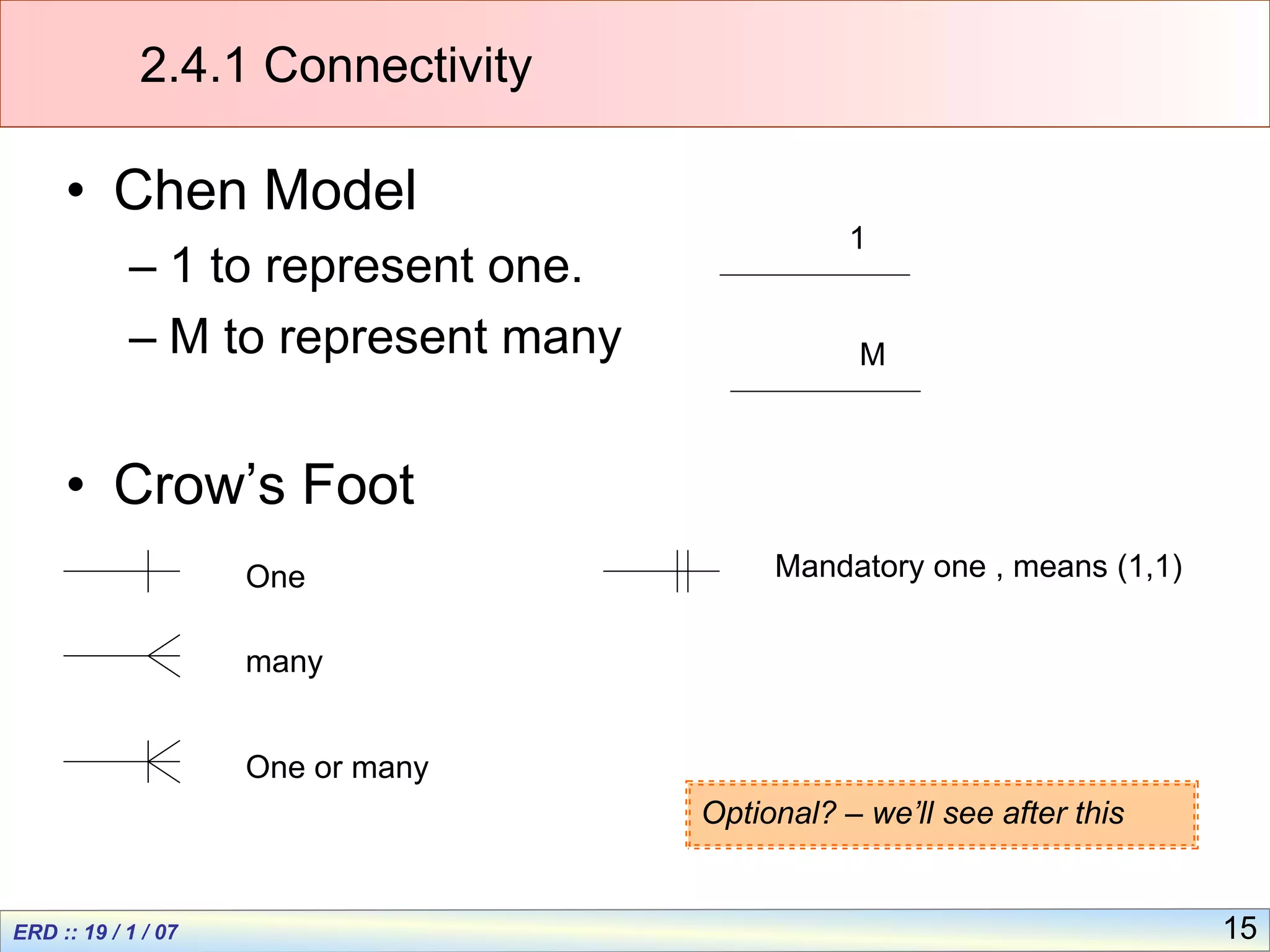 15
2.4.1 Connectivity
• Chen Model
– 1 to represent one.
– M to represent many
• Crow’s Foot
many
One
One or many
1
M
Mandatory one , means (1,1)
Optional? – we’ll see after this
 