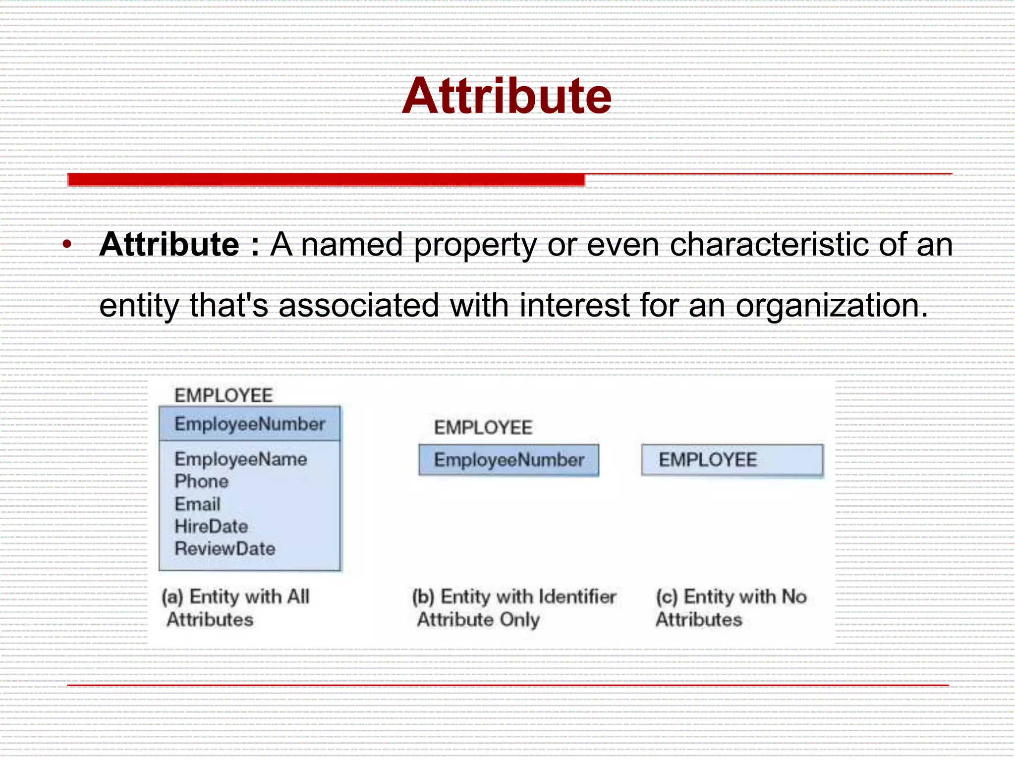 Attribute
• Attribute : A named property or even characteristic of an
entity that's associated with interest for an organization.
 