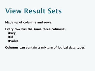 Embedded Entities
A single document represents the “one” entity

Nested entities (JSON Array) represents the “many” entities

Simplest way to create a one to many relationship
 