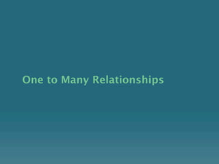 Example: Publisher
with Nested Books
{
  "_id":"oreilly",
  "collection":"publisher",
  "name":"O'Reilly Media",
  "books":[
    { "title":"CouchDB: The Definitive Guide" },
    { "title":"RESTful Web Services" },
    { "title":"DocBook: The Definitive Guide" },
    { "title":"Building iPhone Apps with HTML, CSS,
and JavaScript" }
  ]
}
 