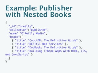 Example: Publisher
{
    "_id":"oreilly",
    "collection":"publisher",
    "name":"O'Reilly Media"
}
 