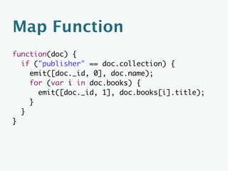 Example: Related Book
{
    "_id":"9780596155896",
    "collection":"book",
    "title":"CouchDB: The Definitive Guide",
    "publisher":"oreilly"
}
 