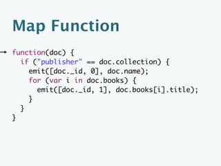 Map Function
function(doc) {
  if ("publisher" == doc.collection) {
    emit([doc._id, 0], doc.name);
  }
  if ("book" == doc.collection) {
    emit([doc.publisher, 1], doc.title);
  }
}
 