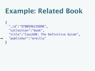 Example: Book
{
    "_id":"9780596805029",
    "collection":"book",
    "title":"DocBook 5: The Definitive Guide",
    "authors":[
      "walsh"
    ]
}
 