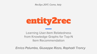 entity2rec
Learning User-Item Relatedness
from Knowledge Graphs for Top-N
Item Recommendation
Enrico Palumbo, Giuseppe Rizzo, Raphaёl Troncy
RecSys 2017, Como, Italy
 