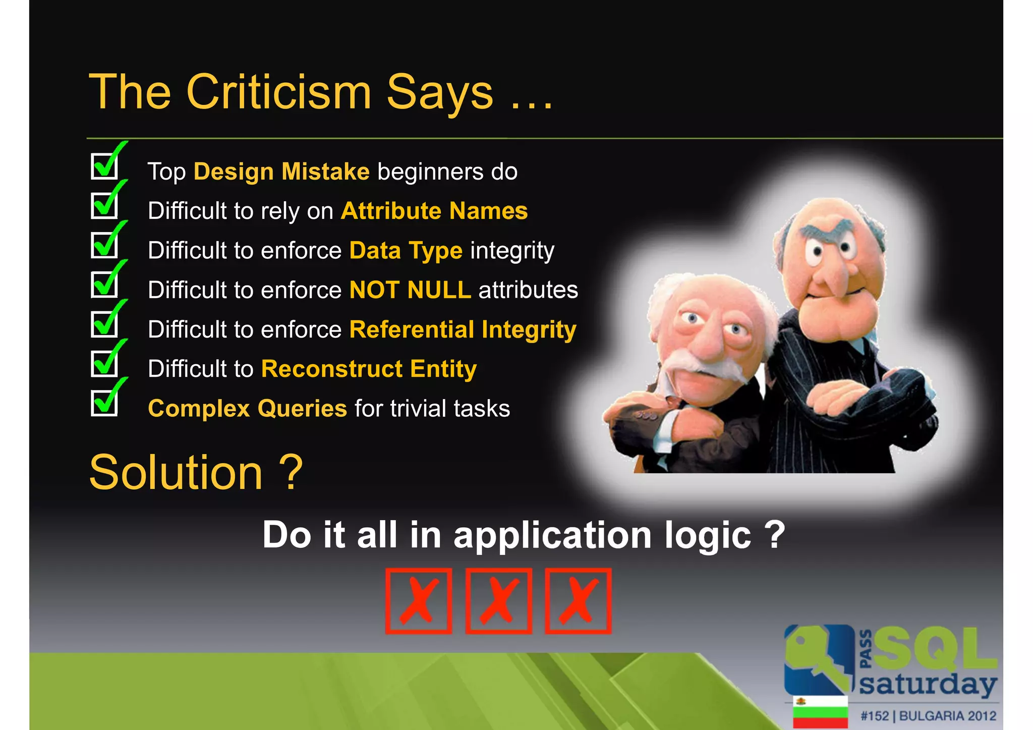 The Criticism Says … 
 Top Design Mistake beginners do 
 Difficult to rely on Attribute Names 
 Difficult to enforce Data Type integrity 
 Difficult to enforce NOT NULL attributes 
 Difficult to enforce Referential Integrity 
 Difficult to Reconstruct Entity 
 Complex Queries for trivial tasks 
Solution ? 
Do it all in application logic ? 
 
