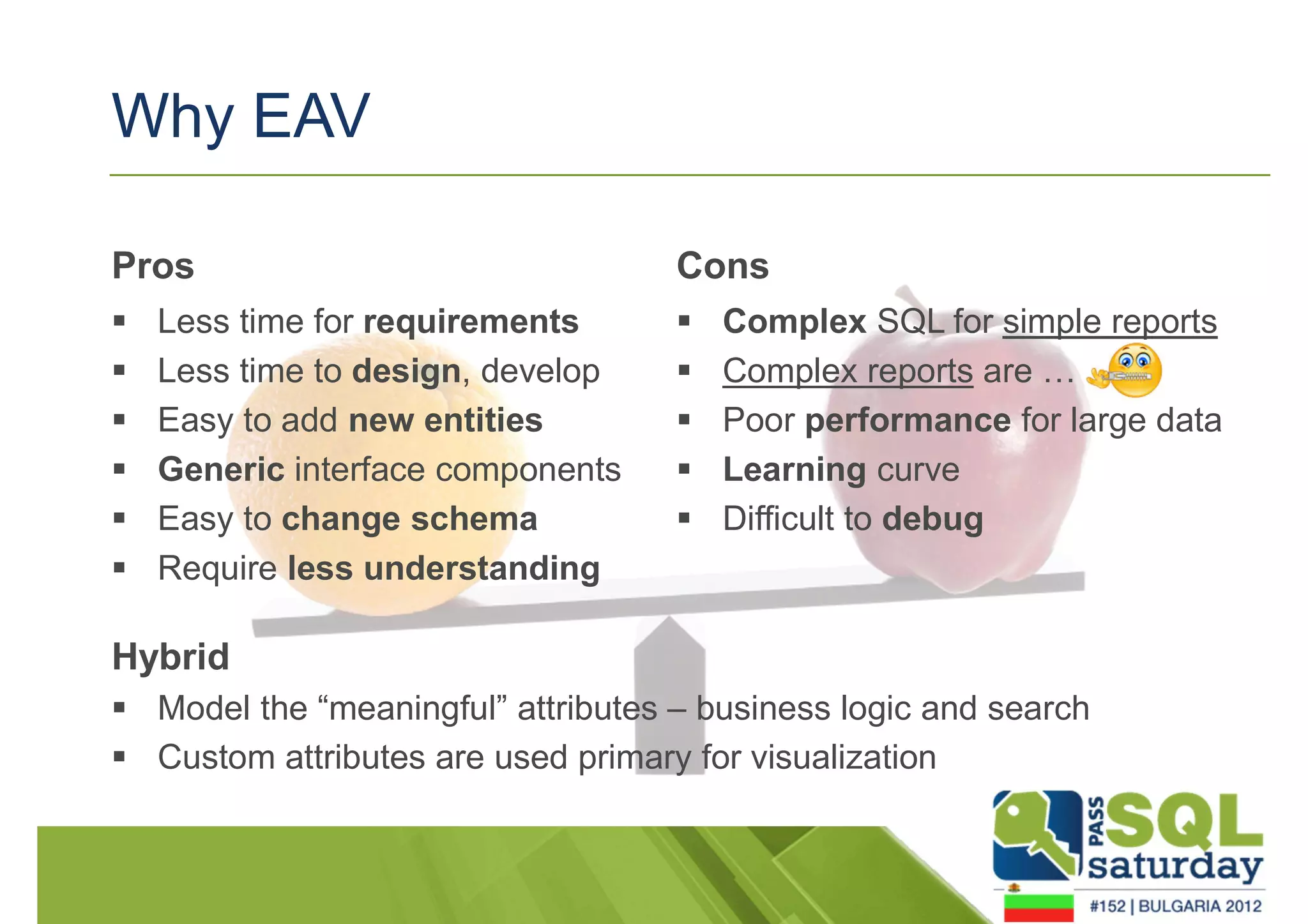 Why EAV 
Pros 
 Less time for requirements 
 Less time to design, develop 
 Easy to add new entities 
 Generic interface components 
 Easy to change schema 
 Require less understanding 
Cons 
 Complex SQL for simple reports 
 Complex reports are … 
 Poor performance for large data 
 Learning curve 
 Difficult to debug 
Hybrid 
 Model the “meaningful” attributes – business logic and search 
 Custom attributes are used primary for visualization 
 