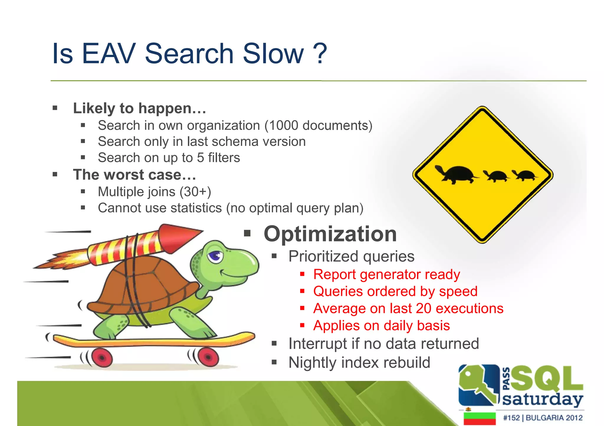 Is EAV Search Slow ? 
 Likely to happen… 
 Search in own organization (1000 documents) 
 Search only in last schema version 
 Search on up to 5 filters 
 The worst case… 
 Multiple joins (30+) 
 Cannot use statistics (no optimal query plan) 
 Optimization 
 Prioritized queries 
 Report generator ready 
 Queries ordered by speed 
 Average on last 20 executions 
 Applies on daily basis 
 Interrupt if no data returned 
 Nightly index rebuild 
 