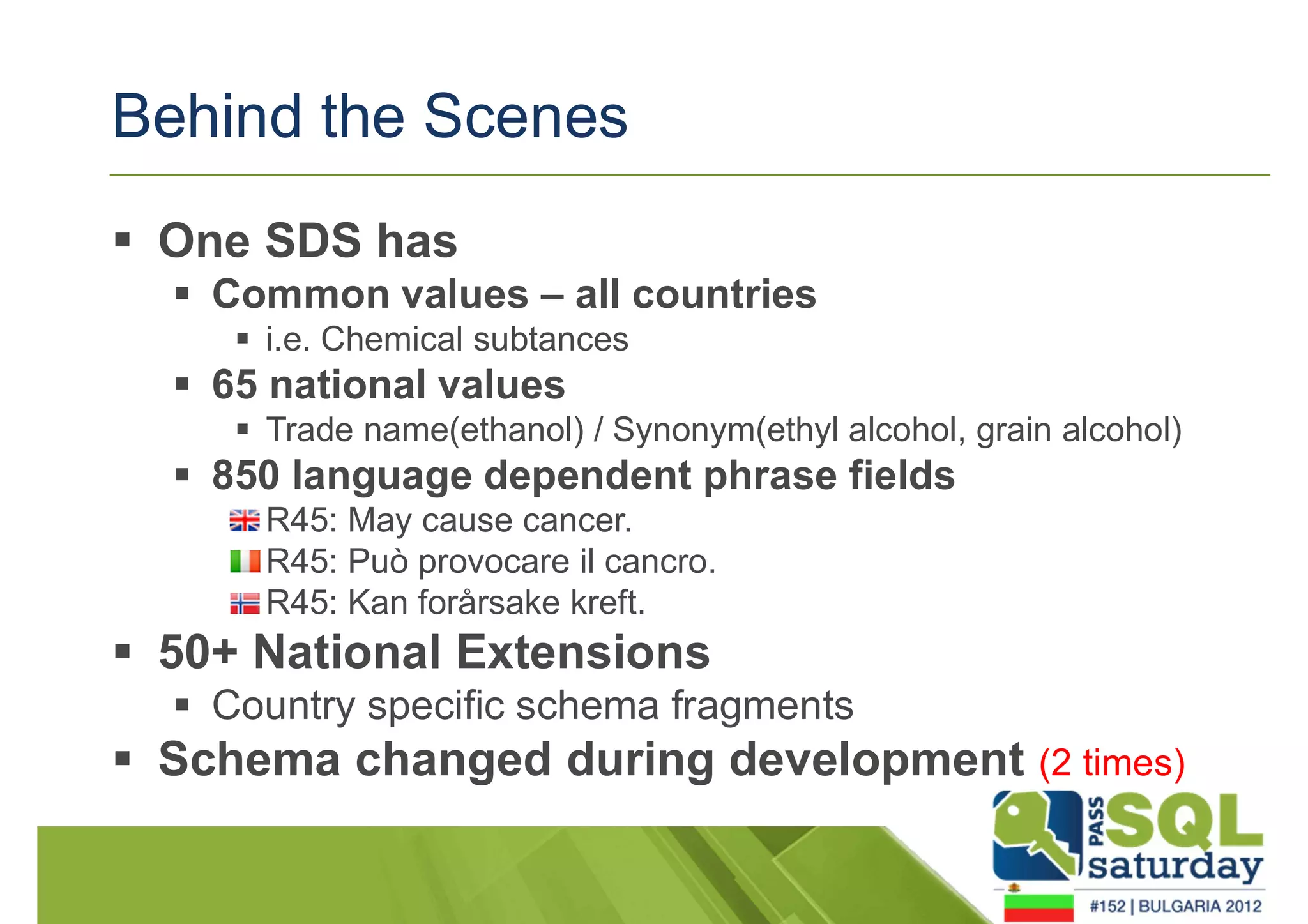 Behind the Scenes 
 One SDS has 
 Common values – all countries 
 i.e. Chemical subtances 
 65 national values 
 Trade name(ethanol) / Synonym(ethyl alcohol, grain alcohol) 
 850 language dependent phrase fields 
 R45: May cause cancer. 
 R45: Può provocare il cancro. 
 R45: Kan forårsake kreft. 
 50+ National Extensions 
 Country specific schema fragments 
 Schema changed during development (2 times) 
 