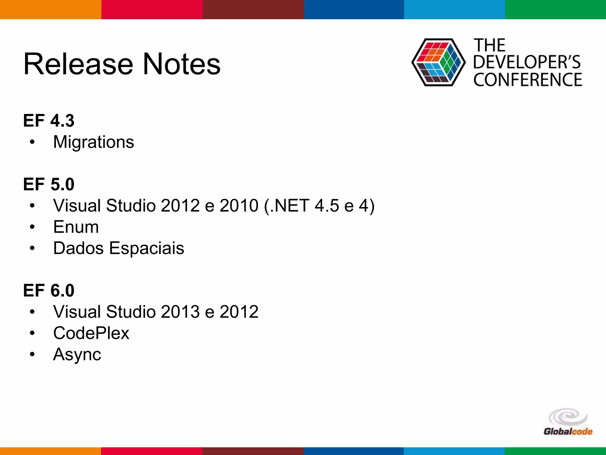 Globalcode – Open4education
Release Notes
EF 4.3
• Migrations
EF 5.0
• Visual Studio 2012 e 2010 (.NET 4.5 e 4)
• Enum
• Dados Espaciais
EF 6.0
• Visual Studio 2013 e 2012
• CodePlex
• Async
 