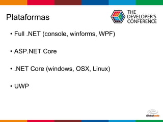 Globalcode – Open4education
Plataformas
• Full .NET (console, winforms, WPF)
• ASP.NET Core
• .NET Core (windows, OSX, Linux)
• UWP
 