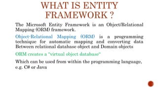 WHAT IS ENTITY
FRAMEWORK ?
The Microsoft Entity Framework is an Object/Relational
Mapping (ORM) framework.
Object-Relational Mapping (ORM) is a programming
technique for automatic mapping and converting data
Between relational database object and Domain objects
ORM creates a “virtual object database“
Which can be used from within the programming language,
e.g. C# or Java
 