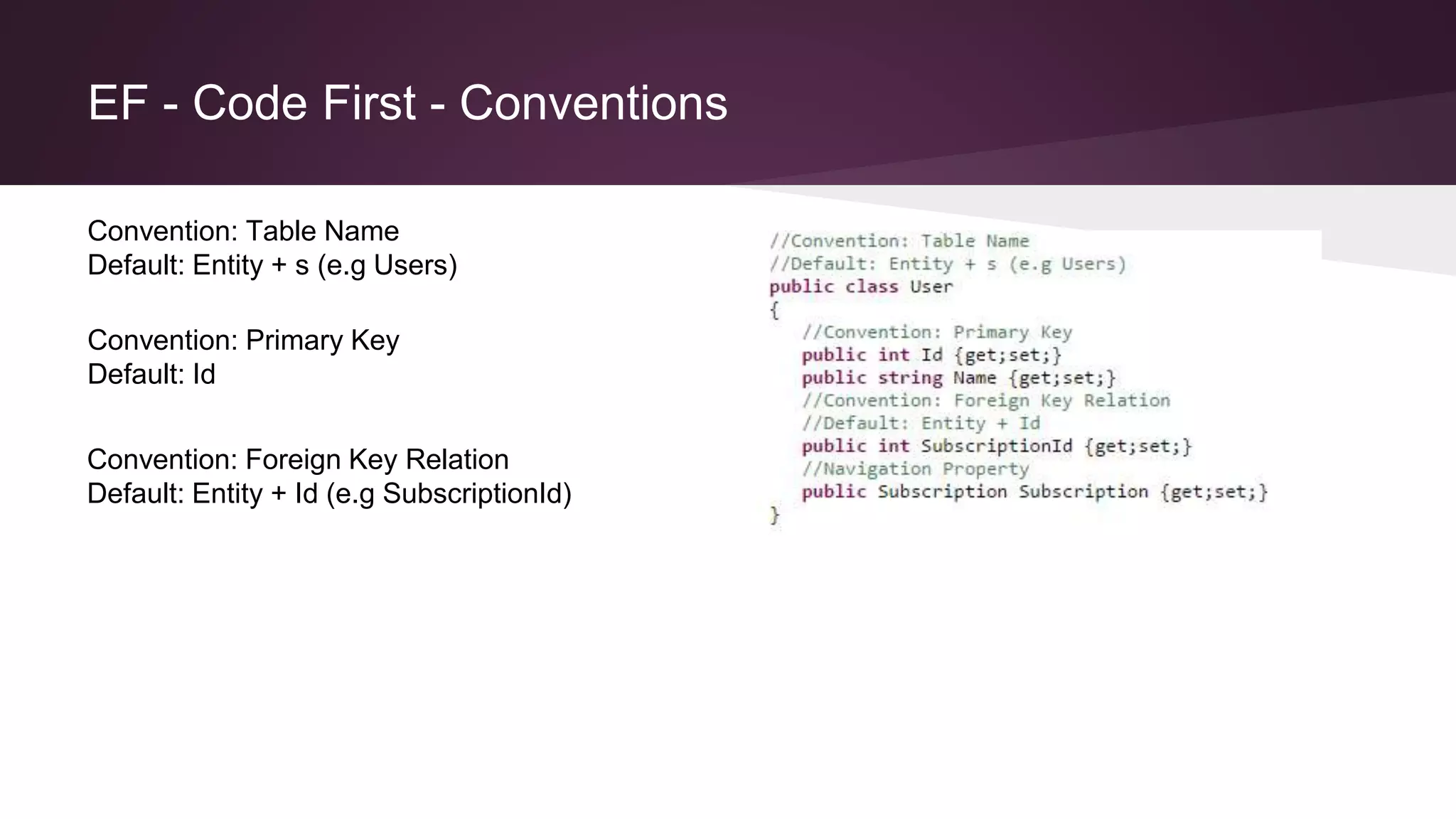 EF - Code First - Conventions
Convention: Table Name
Default: Entity + s (e.g Users)
Convention: Primary Key
Default: Id
Convention: Foreign Key Relation
Default: Entity + Id (e.g SubscriptionId)
 