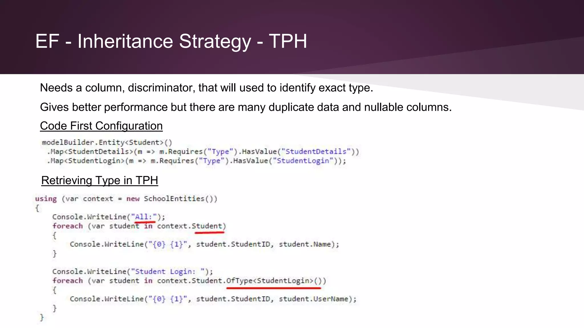 EF - Inheritance Strategy - TPH
Needs a column, discriminator, that will used to identify exact type.
Retrieving Type in TPH
Code First Configuration
Gives better performance but there are many duplicate data and nullable columns.
 