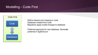 Modelling - Code First
Define classes and mapping in code
Database created from code
Migrations apply model changes to database
Preferred approach for new database. Generally
preferred in Agile/Scrum
 