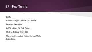 EF - Key Terms
Entity
Context - Object Context, Db Context
Deferred Execution
POCO - Plain Old CLR Object
LINQ to Entities, Entity SQL
Mapping, Conceptual Model, Storage Model
Projections
 