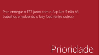Prioridade
Para entregar o EF7 junto com o Asp.Net 5 não há
trabalhos envolvendo o lazy load (entre outros)
 