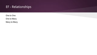 EF - Relationships
One to One
One to Many
Many to Many
 