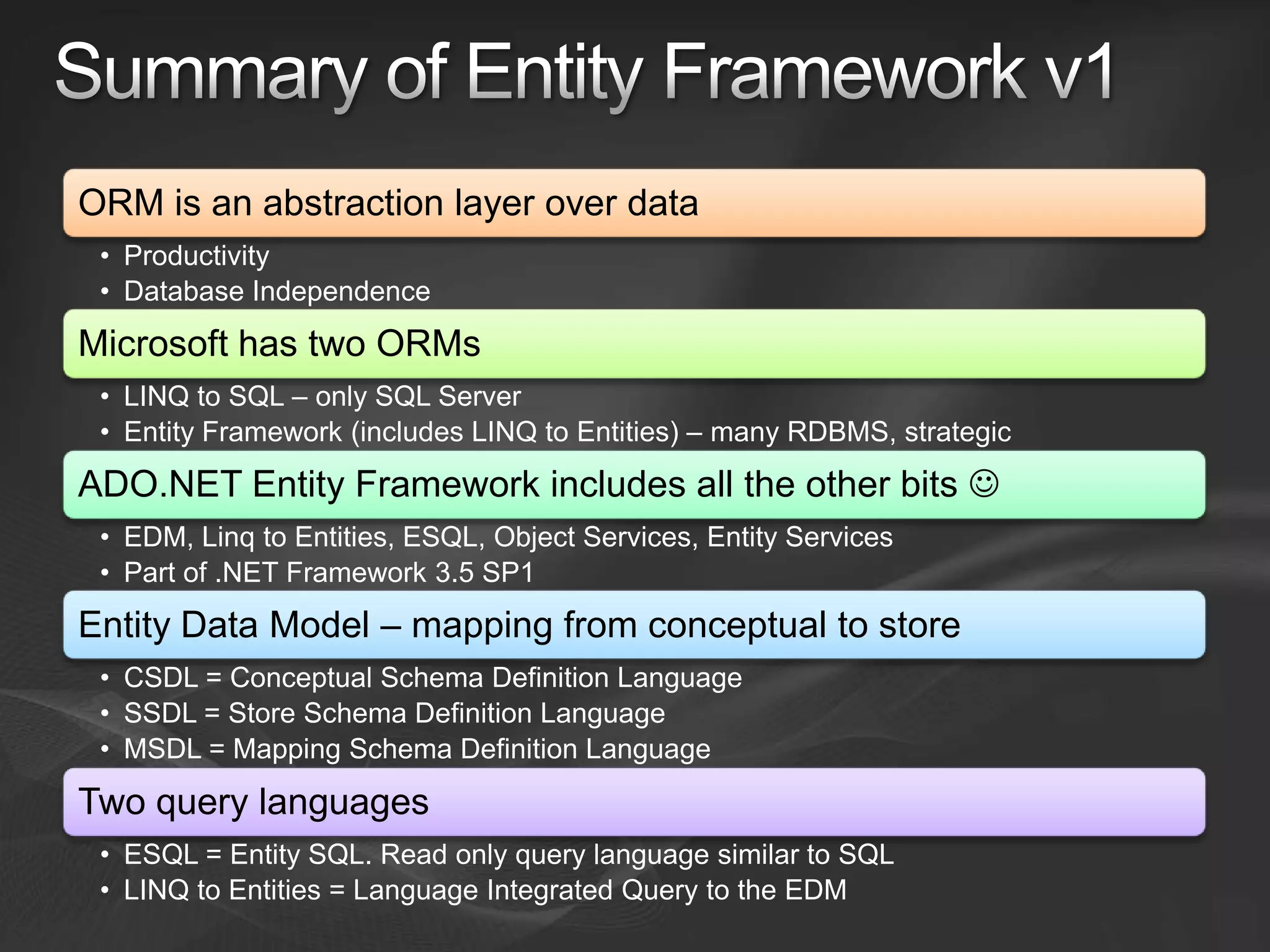 Entity Framework V1 and V2
