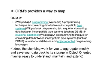 3Optimus Confidential 2013
❖ ORM’s provides a way to map
ORM is:
• (Wikipedia) A programming(Wikipedia) A programming
technique for converting data between incompatible type
systems(Wikipedia) A programming technique for converting
data between incompatible type systems (such as DBMS) in
relational databases(Wikipedia) A programming technique for
converting data between incompatible type systems (such as
DBMS) in relational databases and object-oriented programming
languages.
•It does the plumbing work for you to aggregate, modify
and save your data back to its storage in Object Oriented
manner (easy to understand, maintain and extend)
 