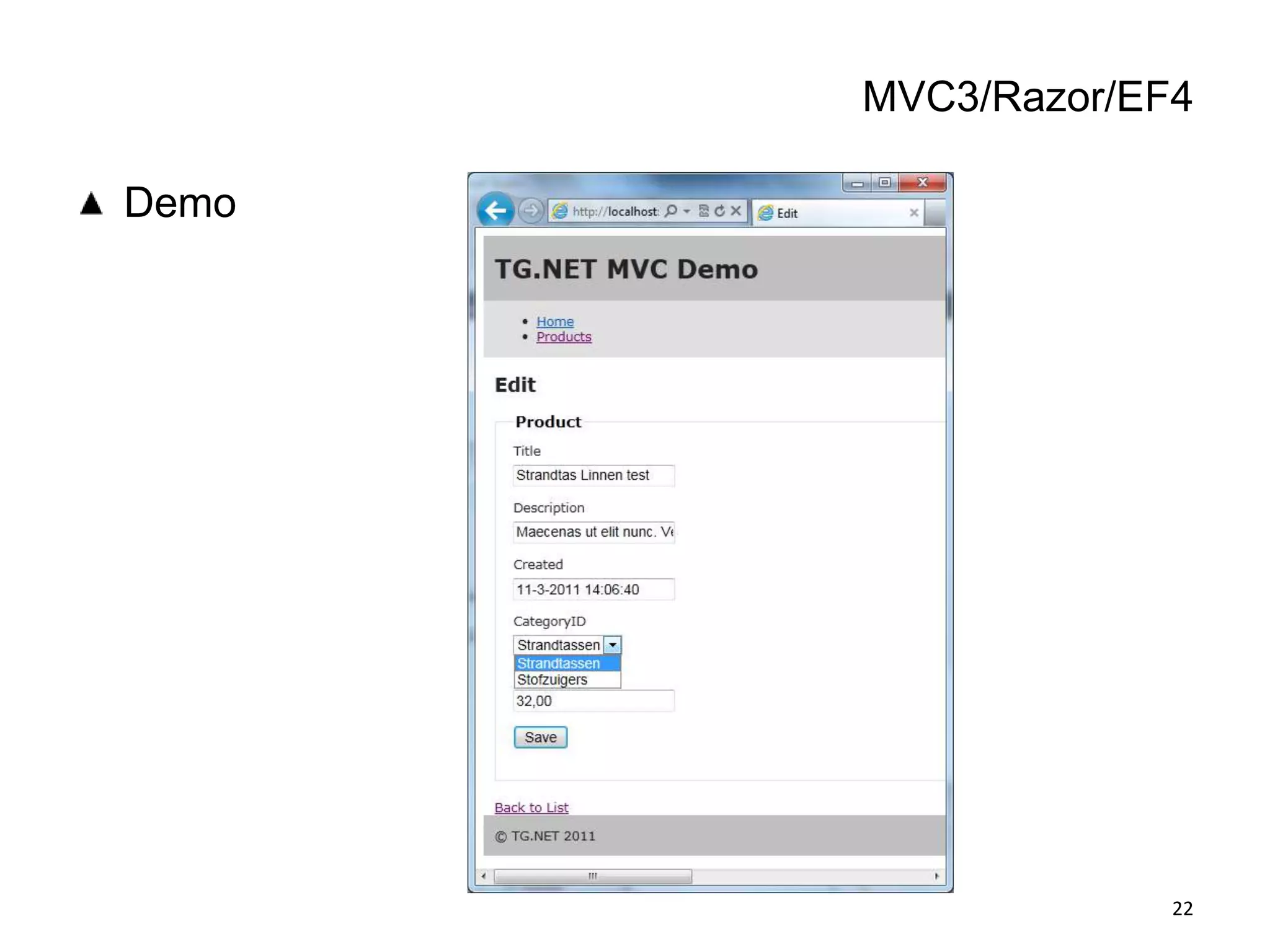 EntityFramework – Code First -Create data classes sets and contextCreate ClassesAddreferencestoother classes (virtual)CreateDbContextwithDbSet ‘s6usingSystem.Data.Entity;namespaceEntityCodeFirst{public class Restaurant : DbContext    {public DbSet<Table> Tables { get; set; }public DbSet<Client> Clients { get; set; }    }}public class Client{public string Name { get; set; }public string Phone { get; set; }public DateTime Time { get; set; } public virtual Table Table { get; set; }}public class Table{public string Name { get; set; }public intMaxClients { get; set; }public virtual ICollection<Client> Clients{ get; set; } }