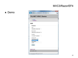EntityFramework – Code First -Create data classes sets and contextCreate ClassesAddreferencestoother classes (virtual)CreateDbContextwithDbSet ‘s6usingSystem.Data.Entity;namespaceEntityCodeFirst{public class Restaurant : DbContext    {public DbSet<Table> Tables { get; set; }public DbSet<Client> Clients { get; set; }    }}public class Client{public string Name { get; set; }public string Phone { get; set; }public DateTime Time { get; set; } public virtual Table Table { get; set; }}public class Table{public string Name { get; set; }public intMaxClients { get; set; }public virtual ICollection<Client> Clients{ get; set; } }