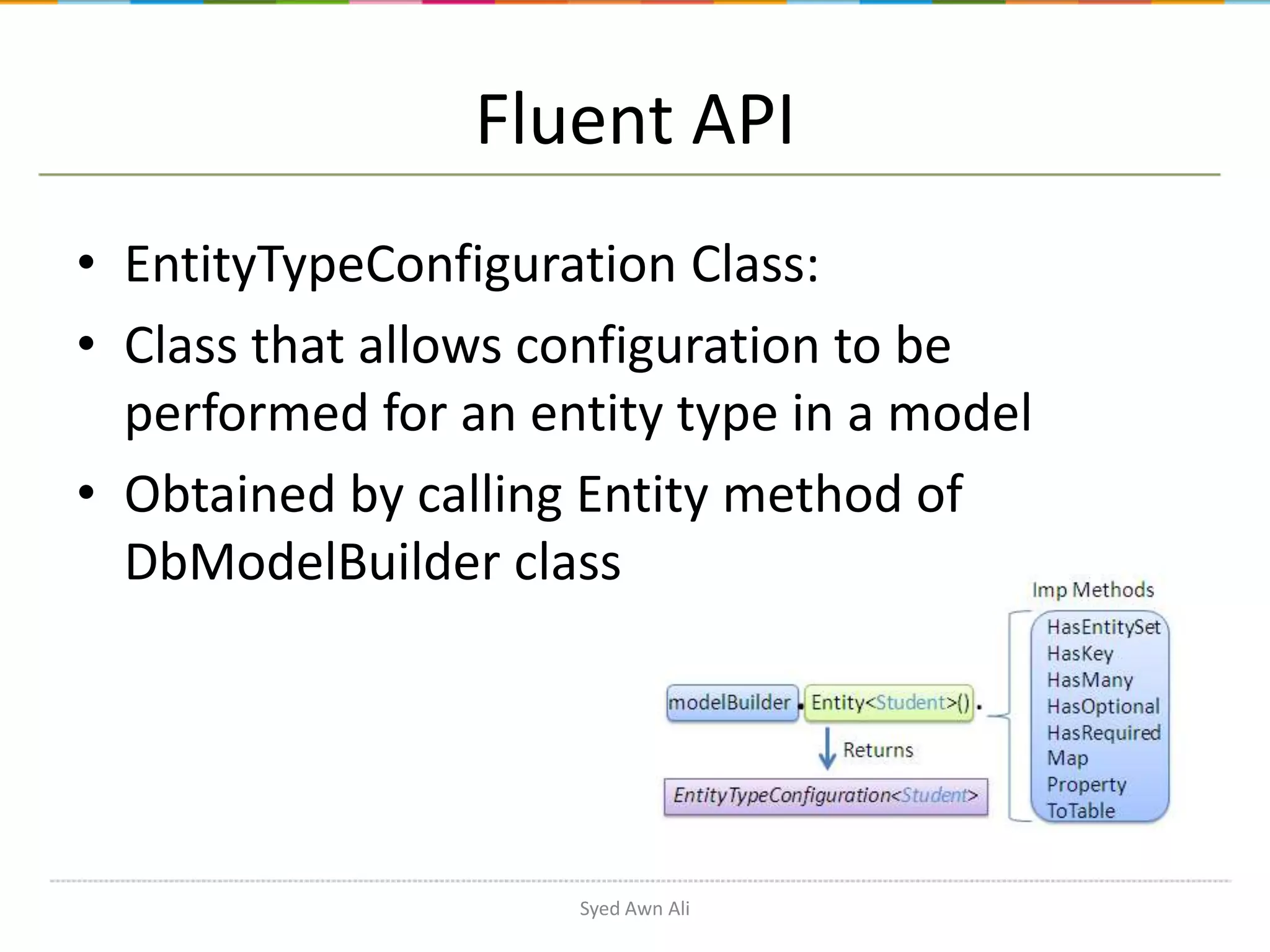 Fluent API • EntityTypeConfiguration Class: • Class that allows configuration to be performed for an entity type in a model • Obtained by calling Entity method of DbModelBuilder class Syed Awn Ali 