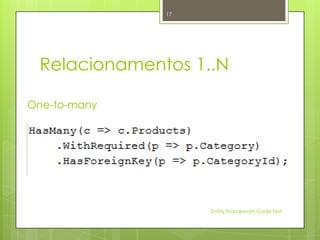 17




 Relacionamentos 1..N

One-to-many




                   Entity Framework Code First
 