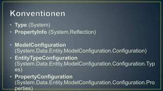 KonventionenType (System)PropertyInfo (System.Reflection)ModelConfiguration (System.Data.Entity.ModelConfiguration.Configuration)EntityTypeConfiguration (System.Data.Entity.ModelConfiguration.Configuration.Types)PropertyConfiguration (System.Data.Entity.ModelConfiguration.Configuration.Properties)