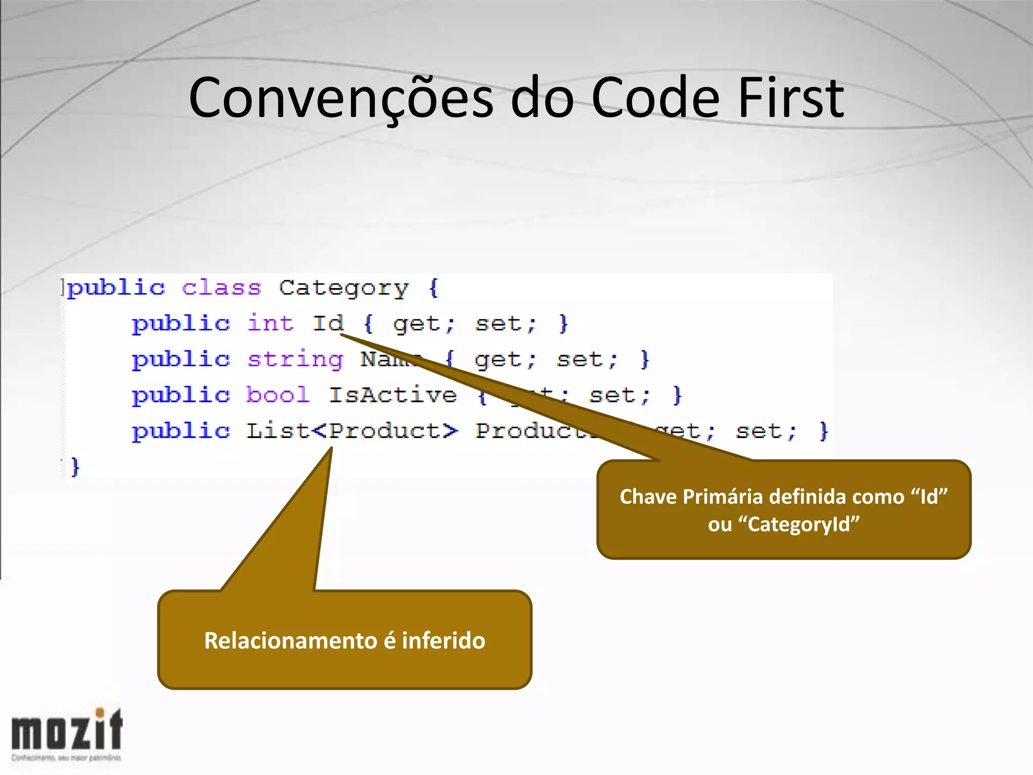 Convenções do Code First Chave Primária definida como “Id” ou “CategoryId” Relacionamento é inferido 