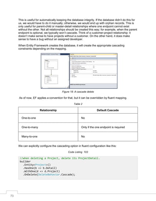 73
This is useful for automatically keeping the database integrity. If the database didn’t do this for
us, we would have to do it manually; otherwise, we would end up with orphan records. This is
only useful for parent-child or master-detail relationships where one endpoint cannot exist
without the other. Not all relationships should be created this way; for example, when the parent
endpoint is optional, we typically won’t cascade. Think of a customer-project relationship: it
doesn’t make sense to have projects without a customer. On the other hand, it does make
sense to have a bug without an assigned developer.
When Entity Framework creates the database, it will create the appropriate cascading
constraints depending on the mapping.
Figure 18: A cascade delete
As of now, EF applies a convention for that, but it can be overridden by fluent mapping.
Table 2
Relationship Default Cascade
One-to-one No
One-to-many Only if the one endpoint is required
Many-to-one No
We can explicitly configure the cascading option in fluent configuration like this:
Code Listing 103
//when deleting a Project, delete its ProjectDetail.
builder
.Entity<Project>()
.HasOne(b => b.Detail)
.WithOne(d => d.Project)
.OnDelete(DeleteBehavior.Cascade);
 