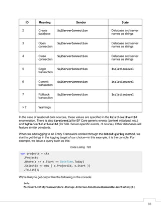 88
ID Meaning Sender State
2 Create
database
SqlServerConnection Database and server
names as strings
3 Open
connection
SqlServerConnection Database and server
names as strings
4 Close
connection
SqlServerConnection Database and server
names as strings
5 Begin
transaction
SqlServerConnection IsolationLevel
6 Commit
transaction
SqlServerConnection IsolationLevel
7 Rollback
transaction
SqlServerConnection IsolationLevel
> 7 Warnings
In the case of relational data sources, these values are specified in the RelationalEventId
enumeration. There is also CoreEventId for EF Core generic events (context initialized, etc.)
and SqlServerRelationalId (for SQL Server-specific events, of course). Other databases will
feature similar constants.
When we add logging to an Entity Framework context through the OnConfiguring method, we
start to get things in the logging target of our choice—in this example, it is the console. For
example, we issue a query such as this:
Code Listing 128
We're likely to get output like the following in the console:
info:
Microsoft.EntityFrameworkCore.Storage.Internal.RelationalCommandBuilderFactory[1]
var projects = ctx
.Projects
.Where(x => x.Start == DateTime.Today)
.Select(x => new { x.ProjectId, x.Start })
.ToList();
 