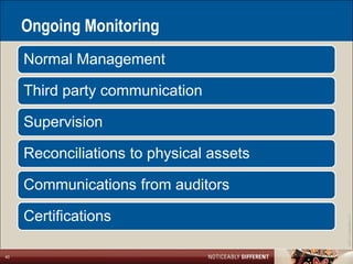 Ongoing Monitoring
     Normal Management

     Third party communication

     Supervision

     Reconciliations to physical assets

     Communications from auditors

     Certifications




                                          ©2011 LarsonAllen LLP
40
 