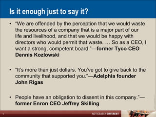 Is it enough just to say it?
    • ―We are offended by the perception that we would waste
      the resources of a company that is a major part of our
      life and livelihood, and that we would be happy with
      directors who would permit that waste. … So as a CEO, I
      want a strong, competent board.‖—former Tyco CEO
      Dennis Kozlowski

    • ―It’s more than just dollars. You’ve got to give back to the
      community that supported you.‖—Adelphia founder
      John Rigas

    • People have an obligation to dissent in this company.‖—




                                                                     ©2011 LarsonAllen LLP
      former Enron CEO Jeffrey Skilling
9
 
