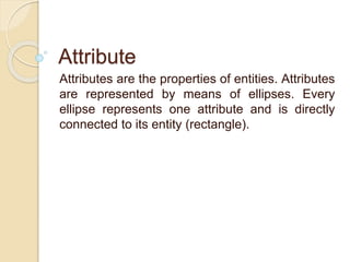 Attribute
Attributes are the properties of entities. Attributes
are represented by means of ellipses. Every
ellipse represents one attribute and is directly
connected to its entity (rectangle).
 